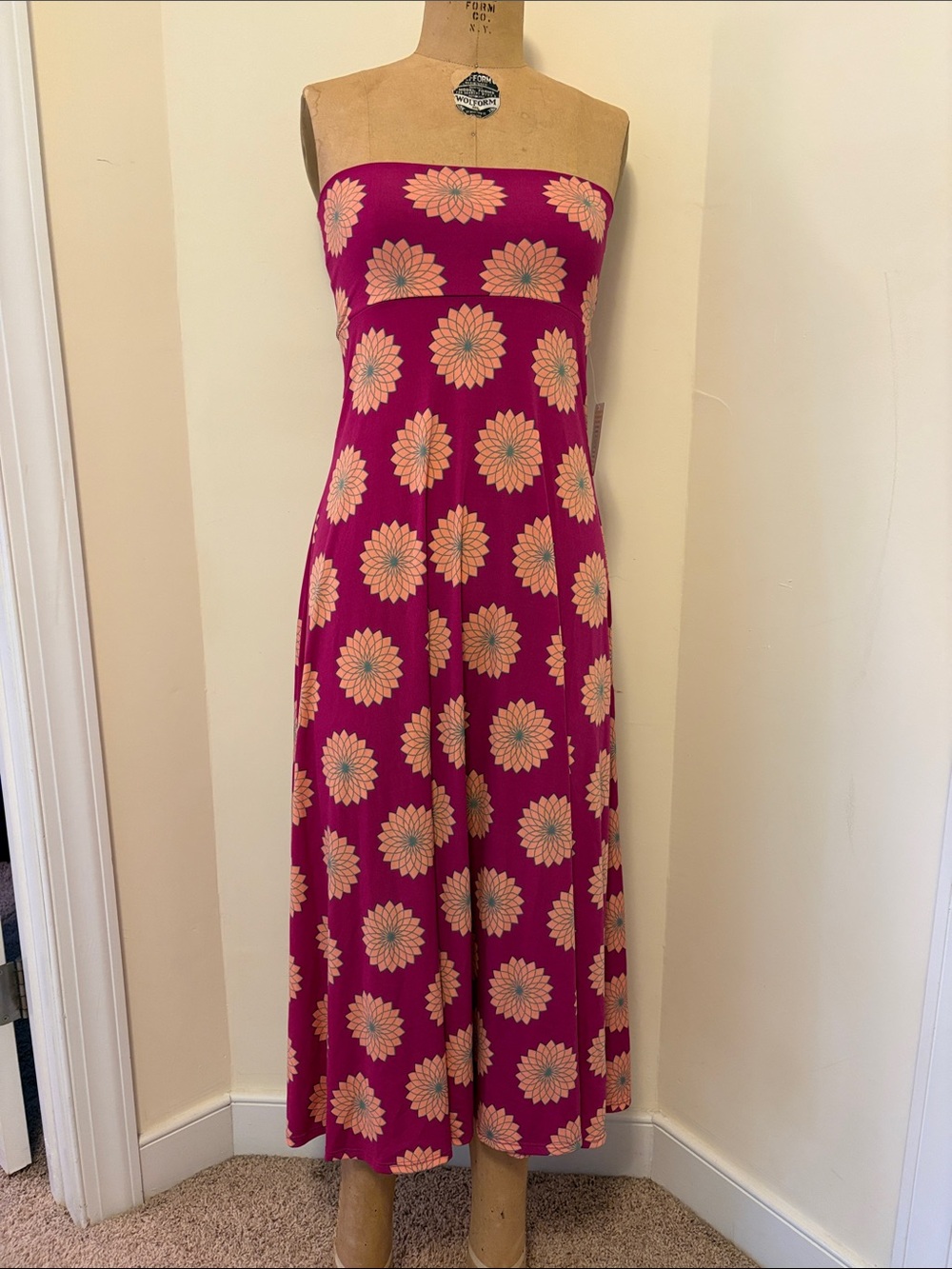 LuLaRoe Strapless Maxi Dress in Magenta with Peach Floral Print